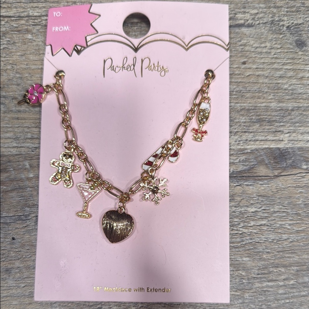 Packed Party Gold Charm Necklace For With Pink Accents
